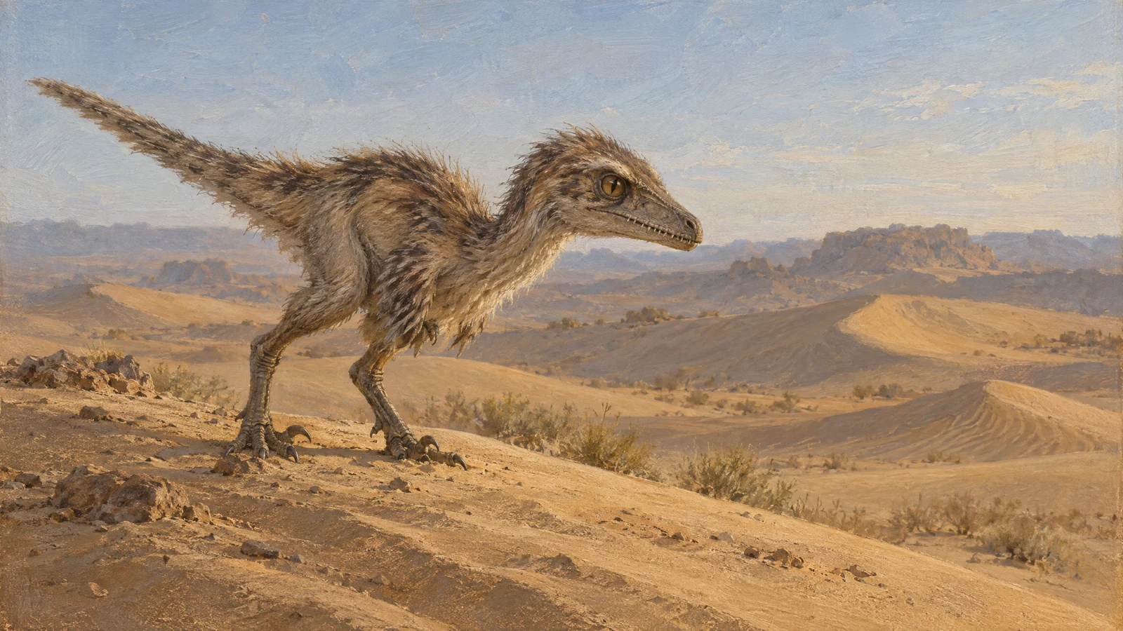 Bonehead concept art: a newly hatched, downy Velociraptor mongoliensis hatchling